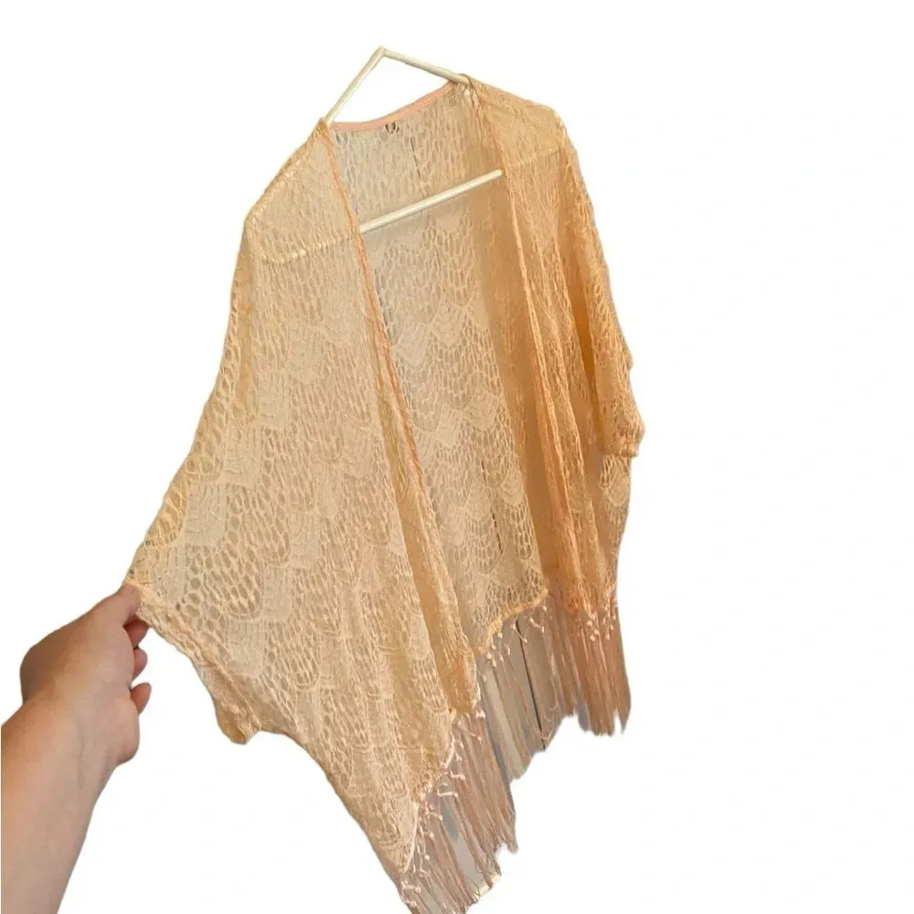 cream lace fringe shawl wrap cover up kimono duster 70s inspired boho western Size undefined - Image 2