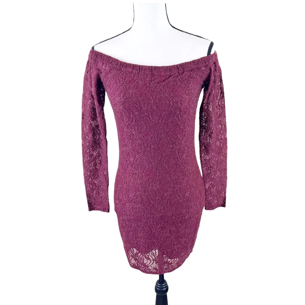 Chaser Lace Open Back Off Shoulder Long Sleeve Mini Dress Burgundy Size Small - Image 8