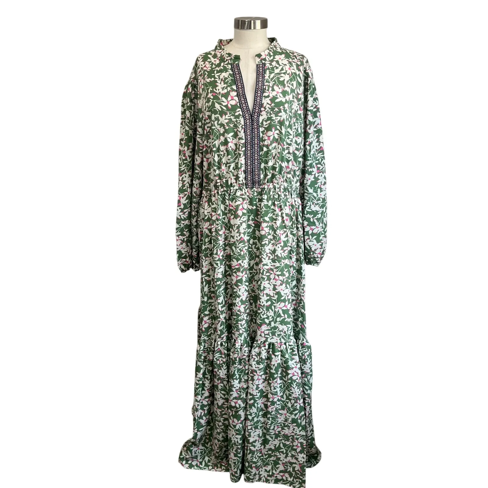 Rusttydustty Green Floral Boho Maxi Dress Size 4XL Long Sleeve Smocked Waist - Image 2