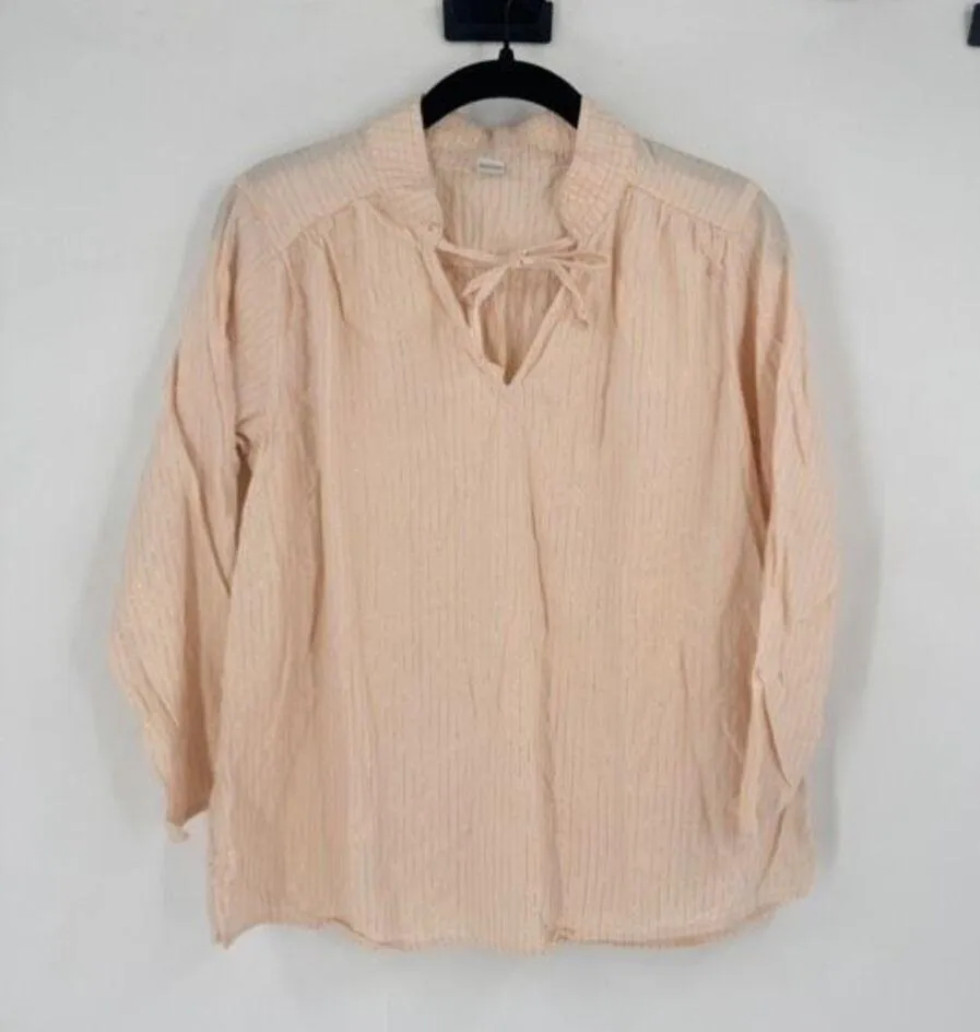 Old Navy Women’s Peasant Poets Metallic-Stripe Split-Neck Blouse Cream & Gold XS - Image 3