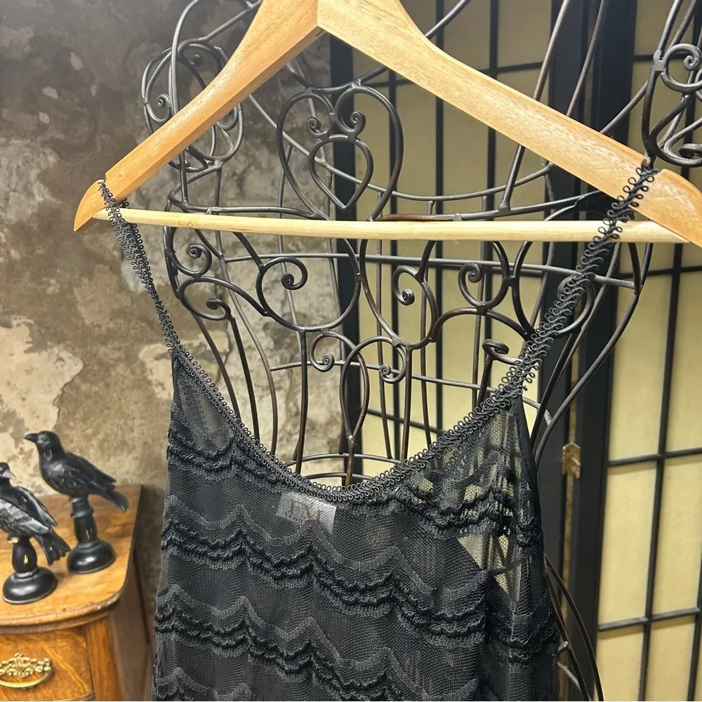 Vintage FM Lingerie Sheer Black Lace Gown w/ Spaghetti Straps and Side Slit - Image 2