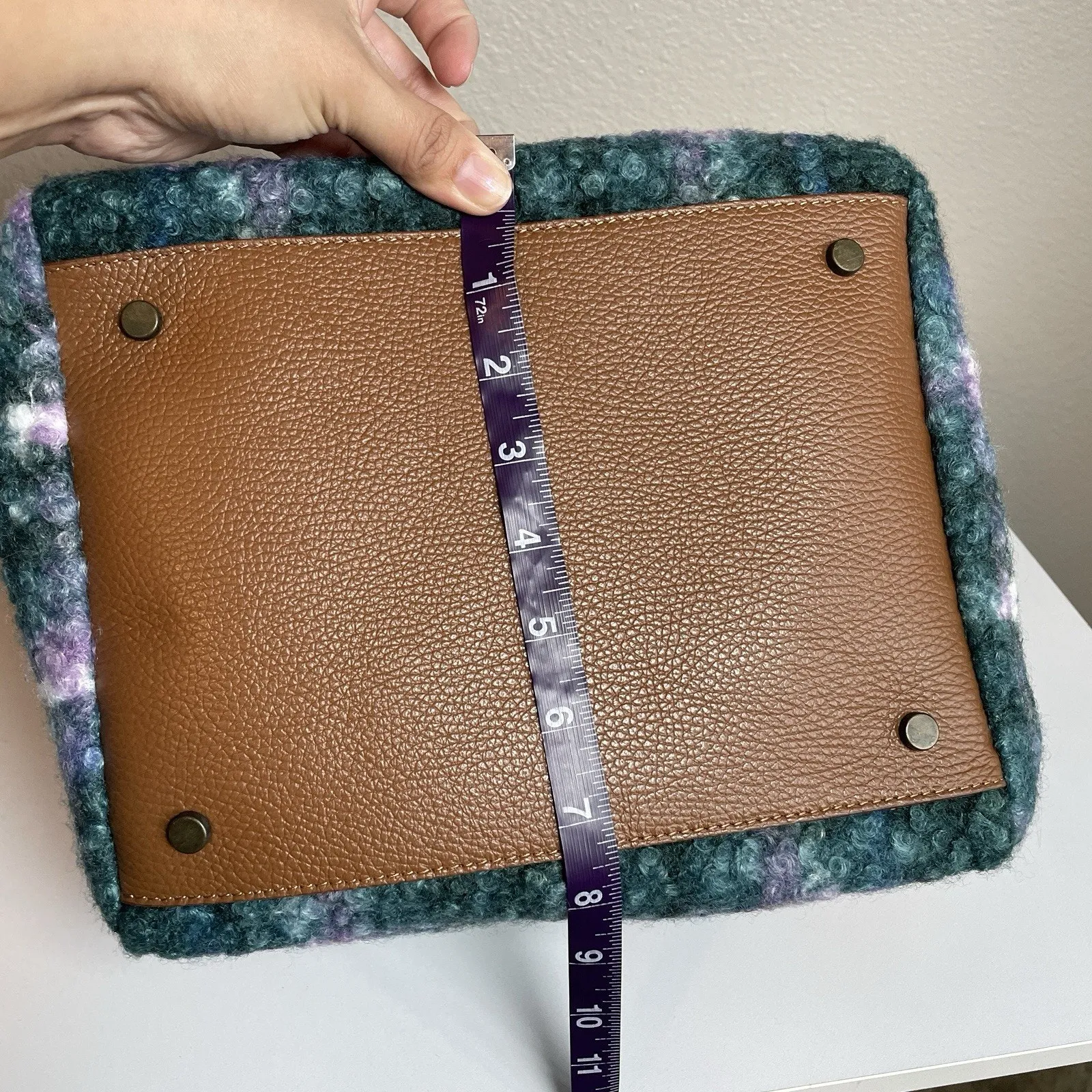 Sundance Maple Glen Teddy Plaid Tote Bag Felted Textured Pebbled Leather Green - Image 12