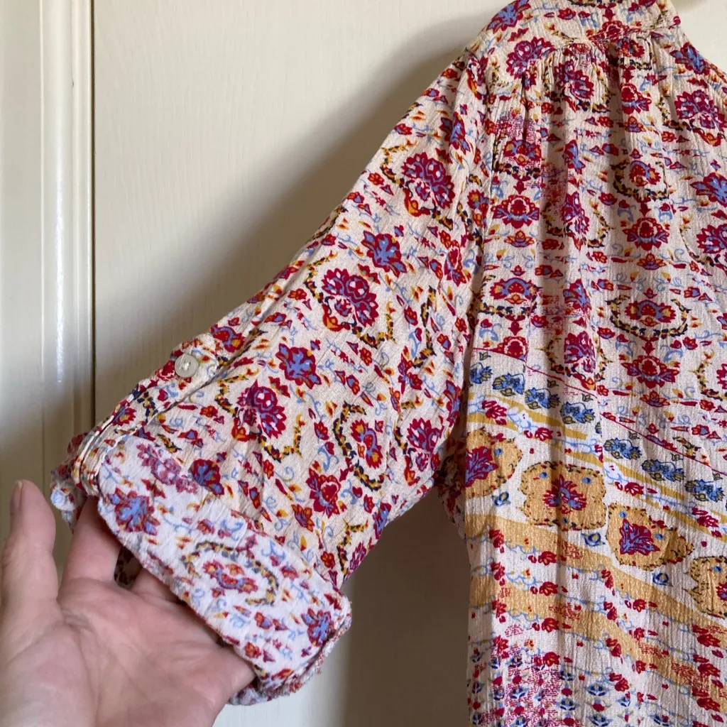 🌞Nine West Jeans Lucy India Ivory Floral Split V Neck Henley 3/4 Sleeve Blouse - Image 8