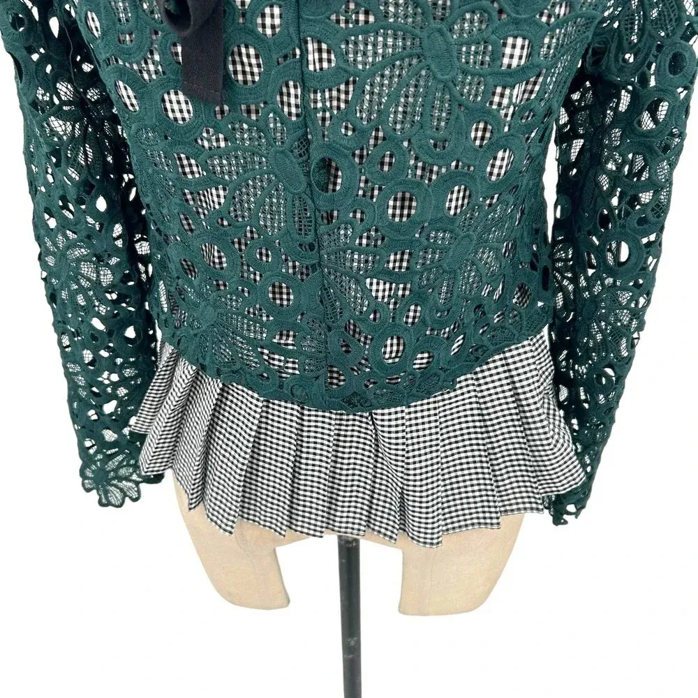 Anthropologie Maeve Gabriella Top Blouse Peplum Gingham Lace Green‎ Size XS - Image 9
