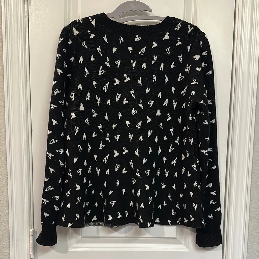 LOFT Black and White Crew Neck Sweater with Hearts EUC - Image 5
