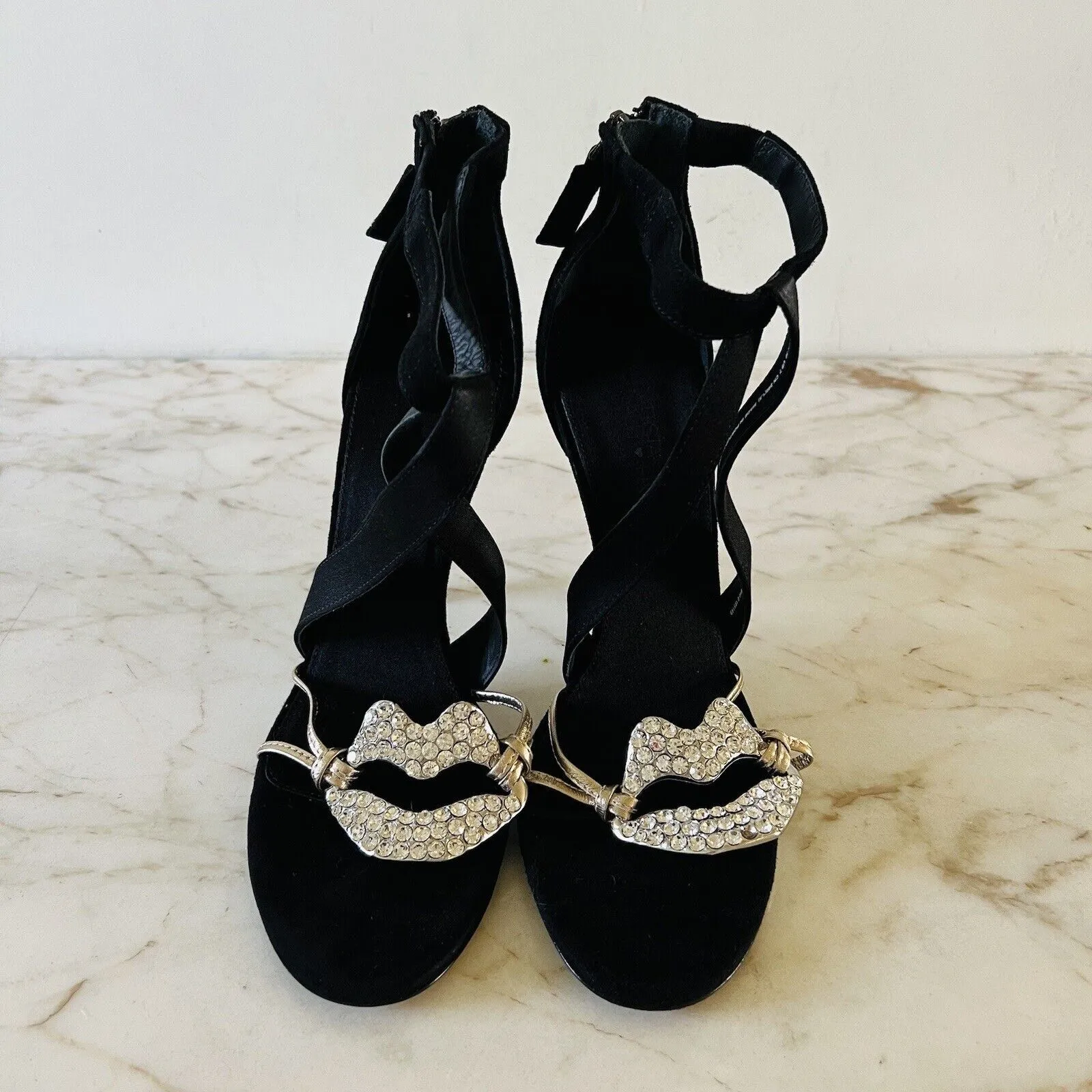 2019 GIAMBATTISTA VALLI x H&M Suede Black Crystal Lips Sandals Heels - Image 3