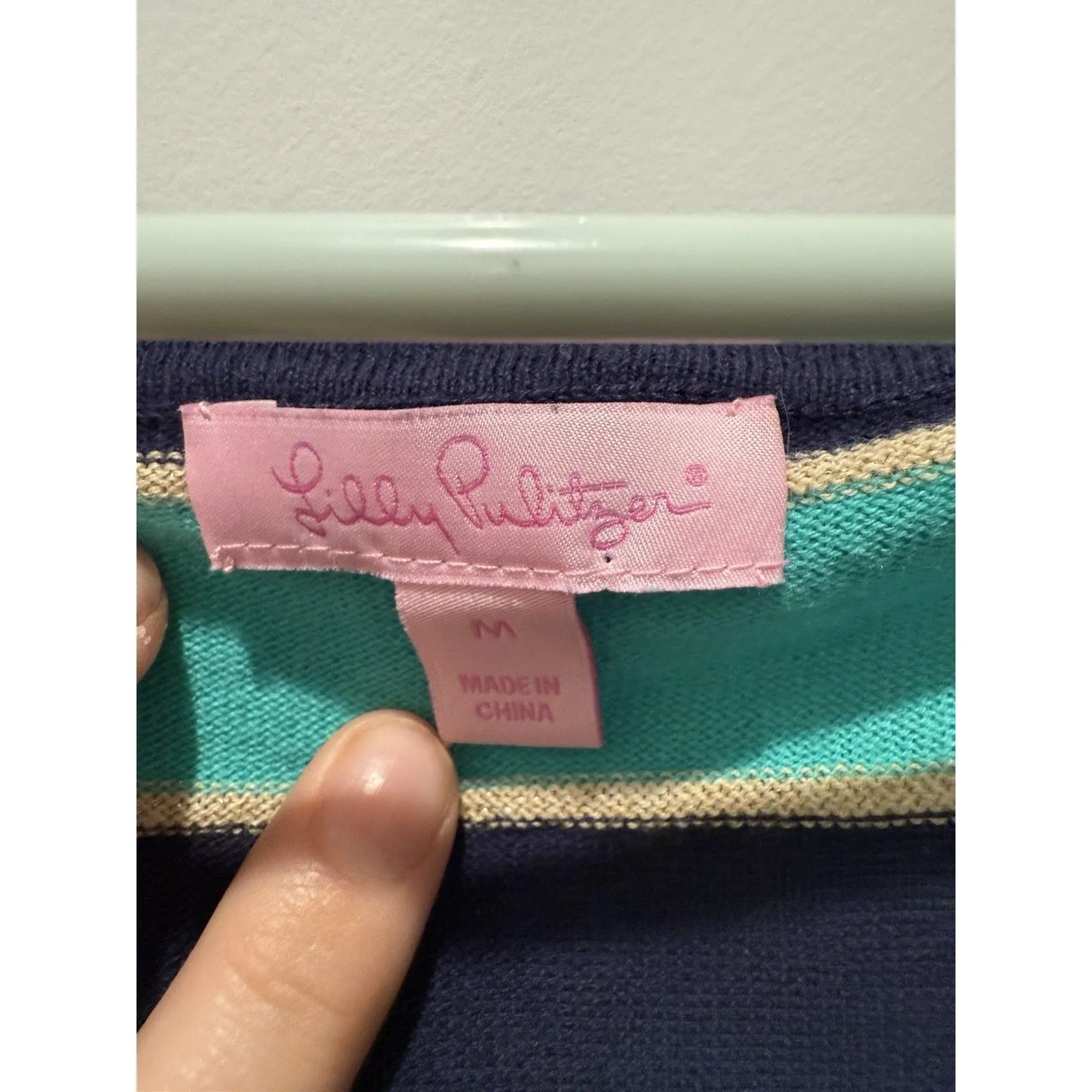 Lilly Pulitzer Size M Medium Sweater Teal Navy Striped Scoop Neck Wide Cuff Hem - Image 2