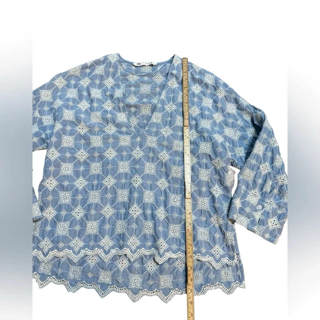 Zara Blue & White Floral Embroidered Boho Eyelet Linen Blouse Women Sz S - Image 11