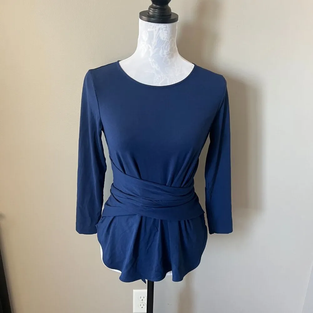 M.M. LaFleur Women’s Walker Top Blue Wrap Shirt Size Xsmall Long Sleeve - Image 4