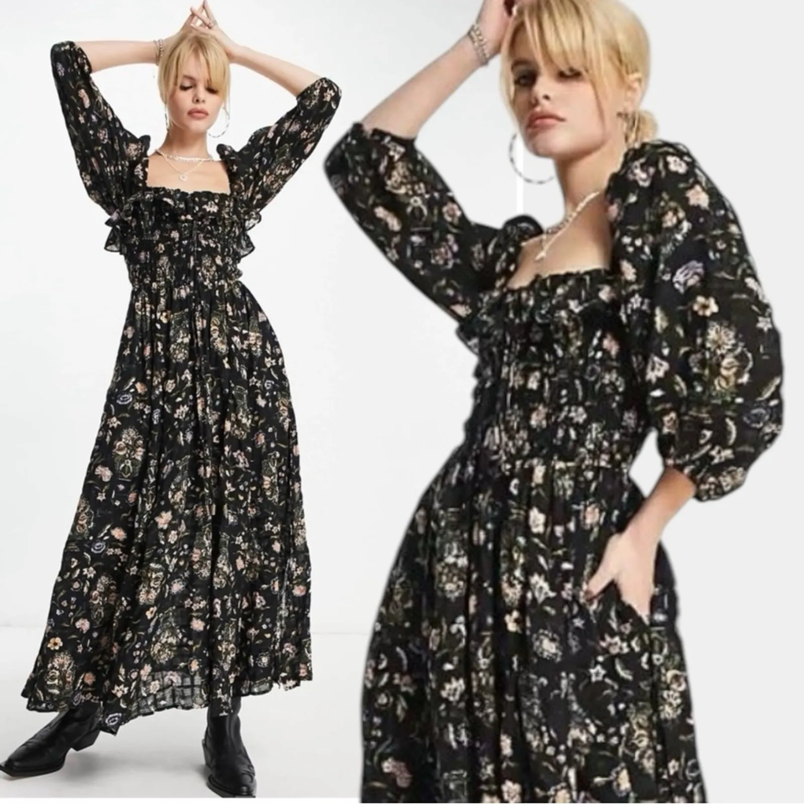 Free People Witchy Oasis Printed Midi Dress Black Floral Small Bohemian Prairie - Image 4