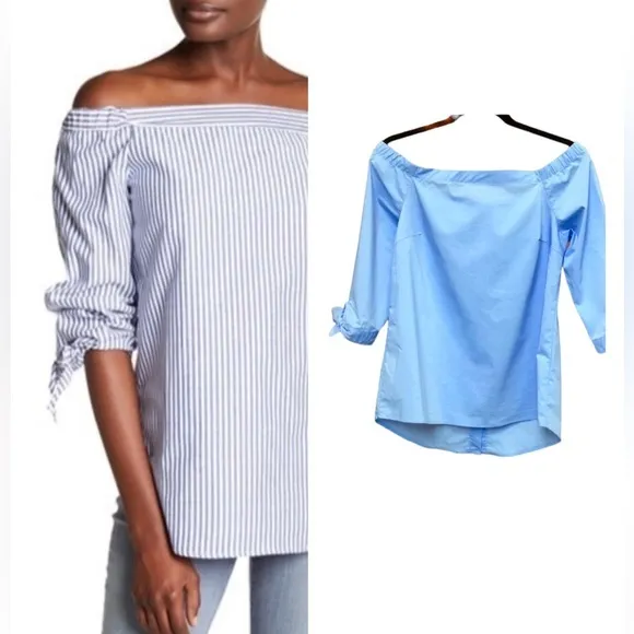 NEW NEIMAN MARCUS OFF SHOULDER BUTTON DOWN BACK BLUE COTTON POPLIN BLOUSE TOP M - Image 2