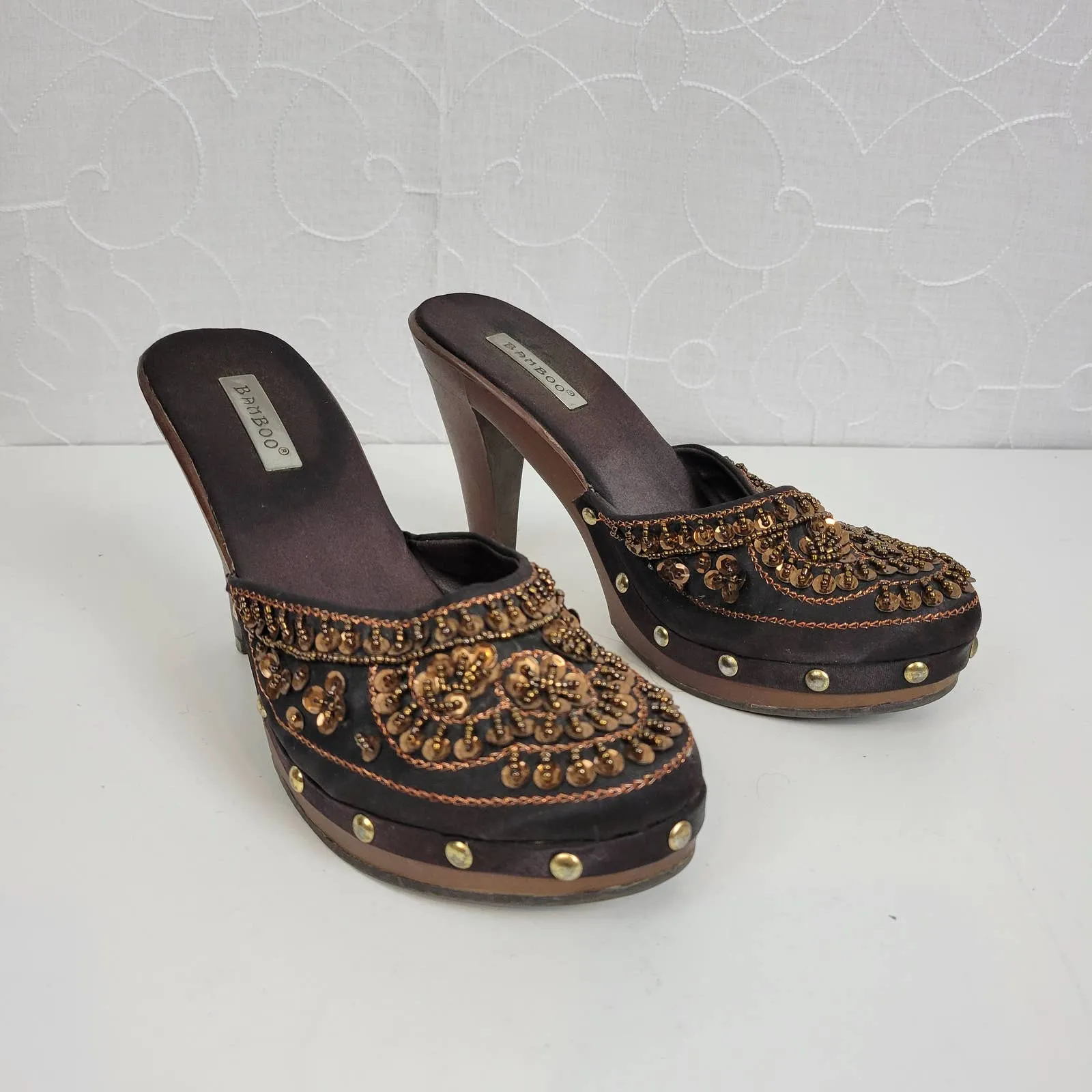 Bamboo Womens Shoes Size‎ 7 Brown Copper Fashion Sequin Slip On Heels Mules - Image 3