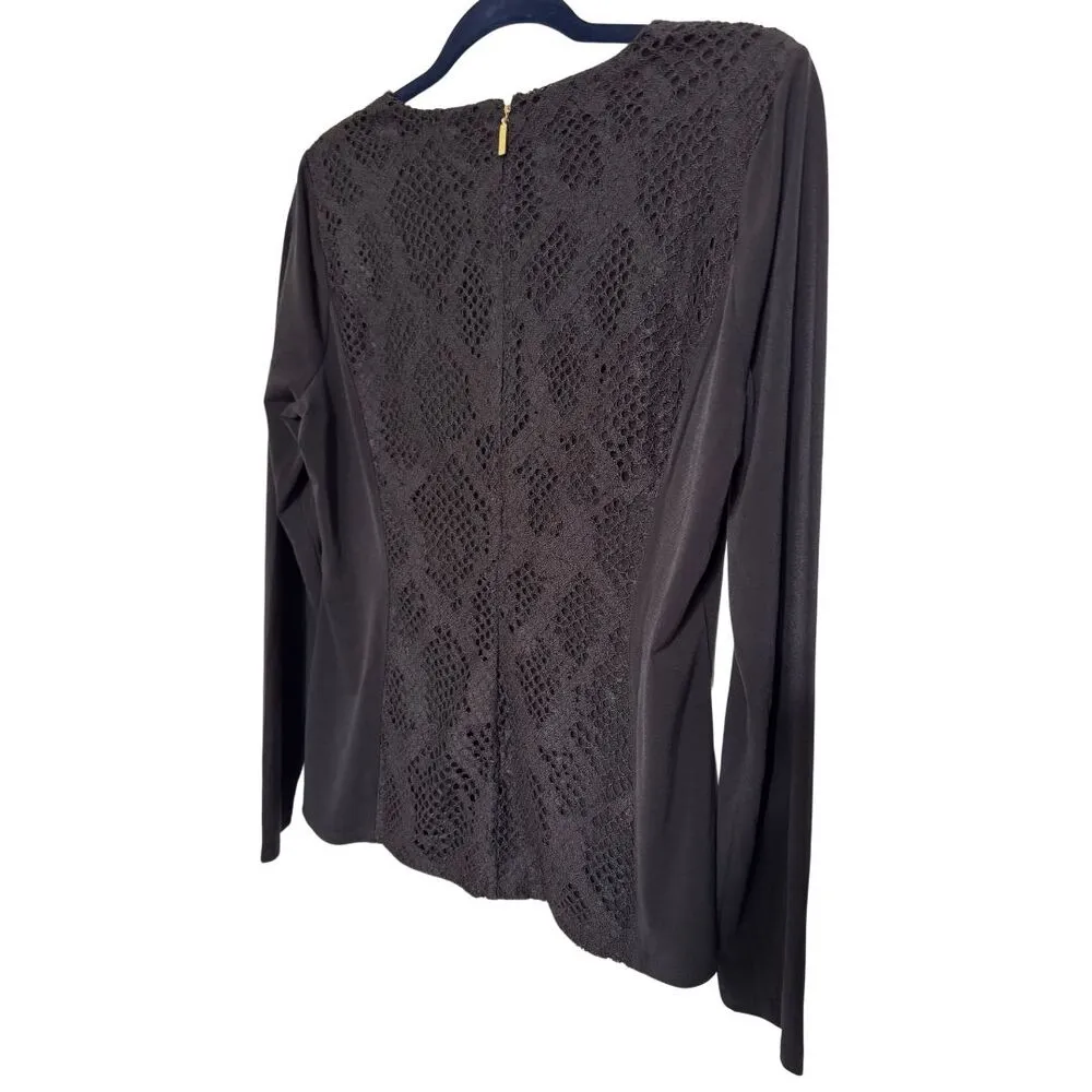 MICHAEL KORS Snakeskin Lace Crochet Longsleeve Black Round Neck Blouse NWT Large - Image 5