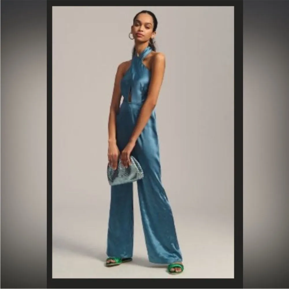 NWT Anthropologie Elliat Begonia Cadet Blue Satin Halter Neck Jumpsuit Size XS - Image 7