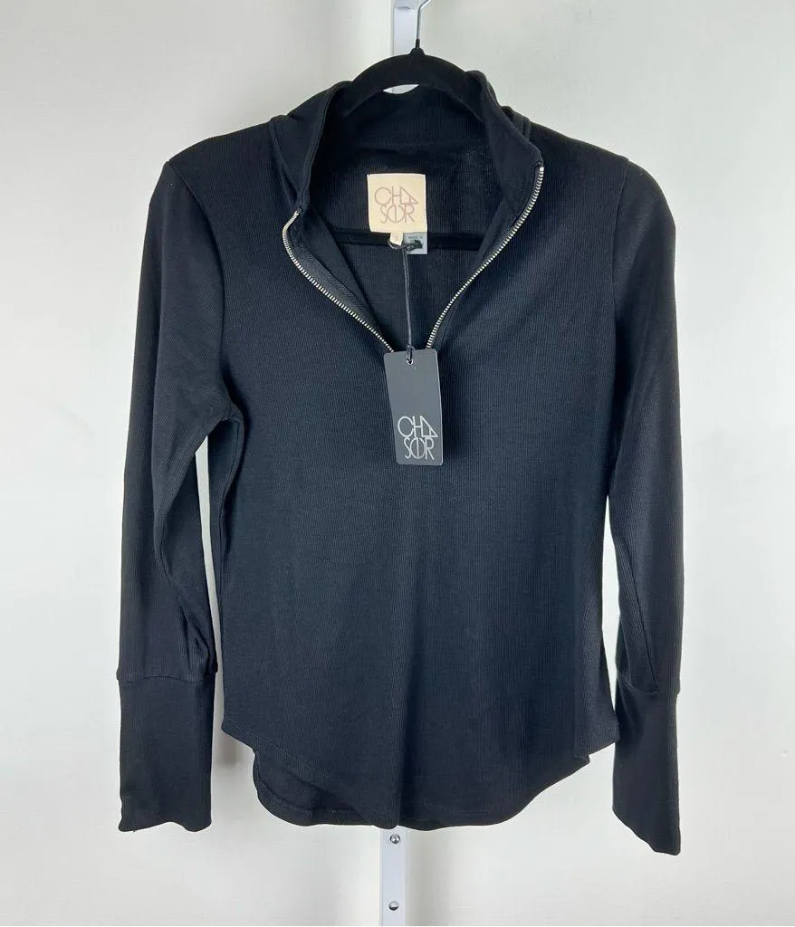 Chaser NWT Black Ribbed Zip Pullover Top Size S Minimalist Made in USA - Image 2