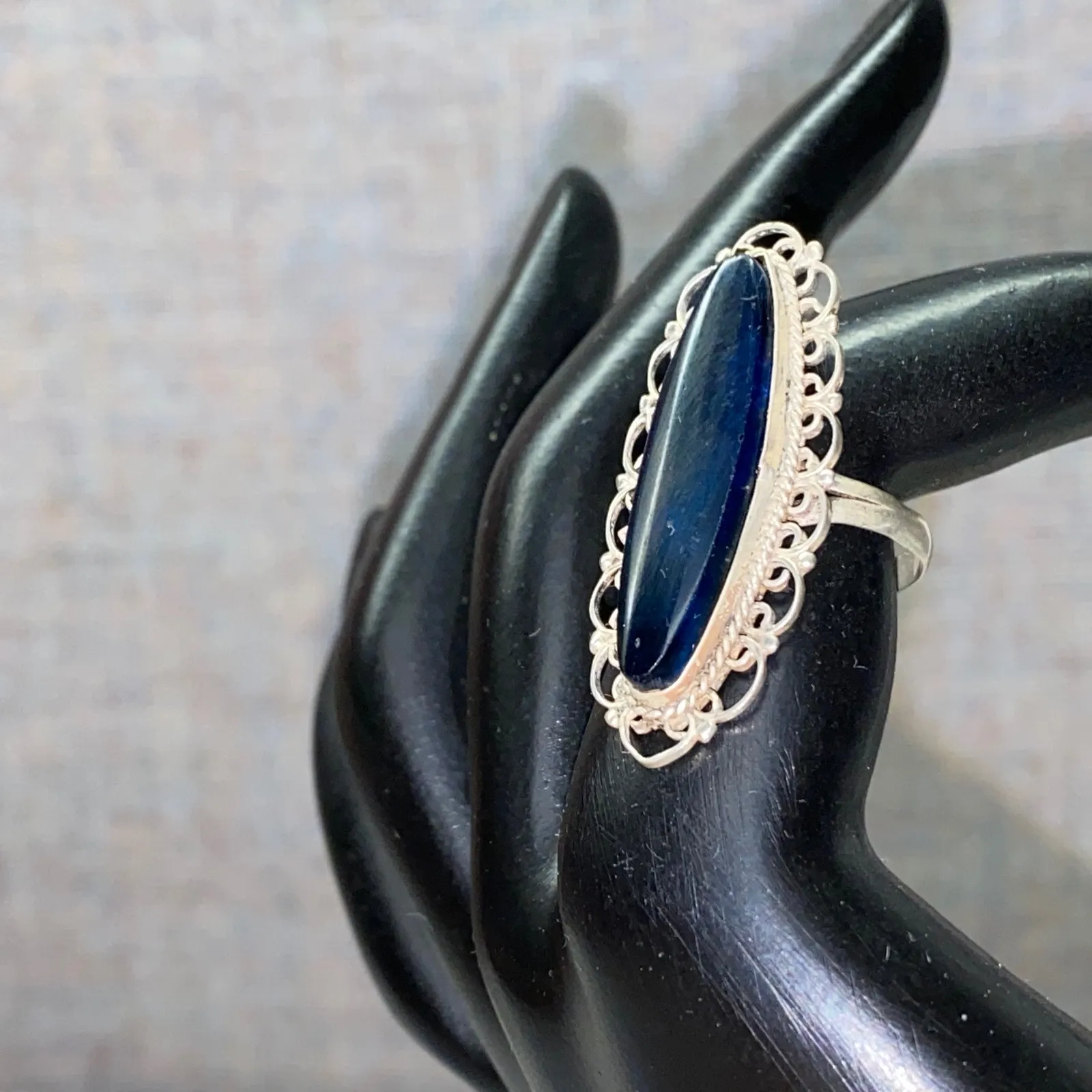 Vintage Sterling Silver Oval Blue Glass Filigree Ring Mexico 925 Old Money - Image 4