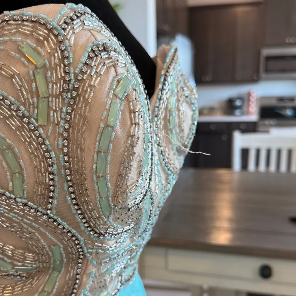 Elegant Strapless Gold and Aqua Dress Blue Size 6 - Image 16