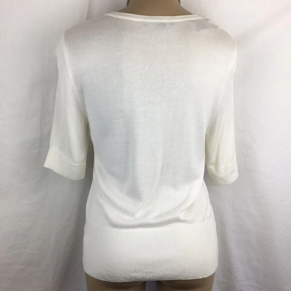 Ivory Knit Button Front Short Sleeve Sweater Top White House Black Market S - Image 3
