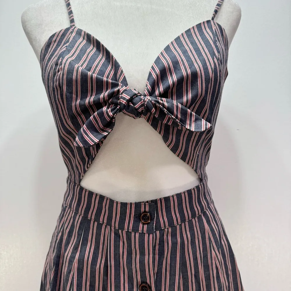 Navy Blue Striped Bare Midriff Coquette Girl Midi Dress by Mo Vint New York - Image 4