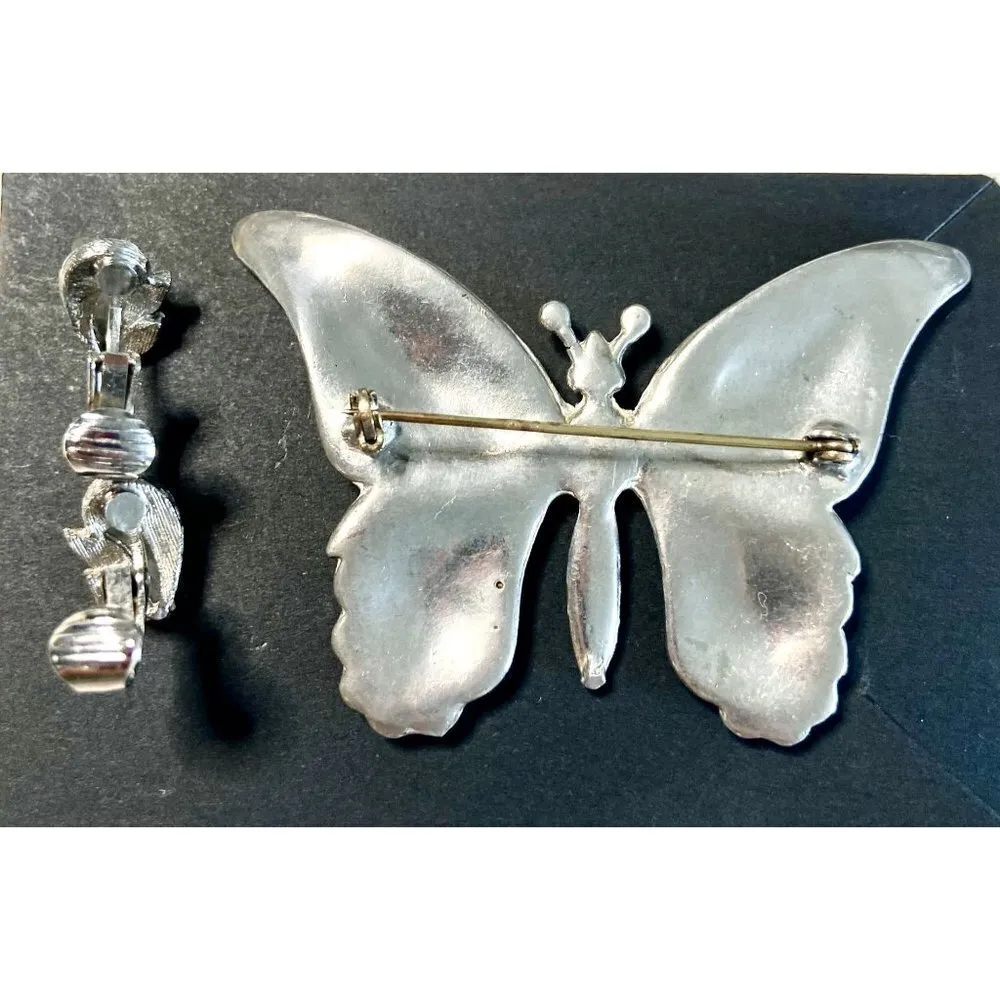 Vintage Silver & Rhinestone Butterfly Brooch and Rhinestone Clip - Image 3