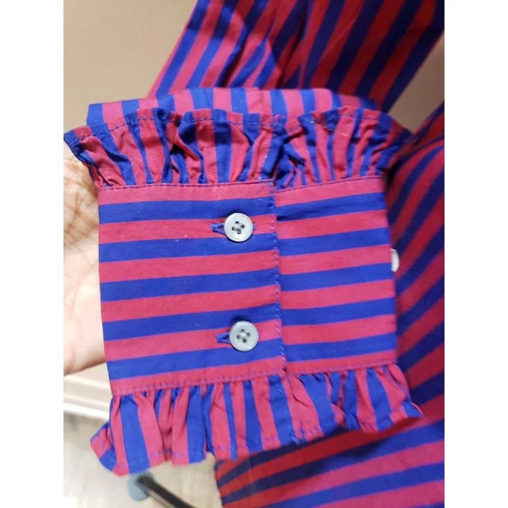 J. Crew Red & Blue Striped Long Sleeve Ruffle Trim Tuxedo Top Blouse XS - Image 5