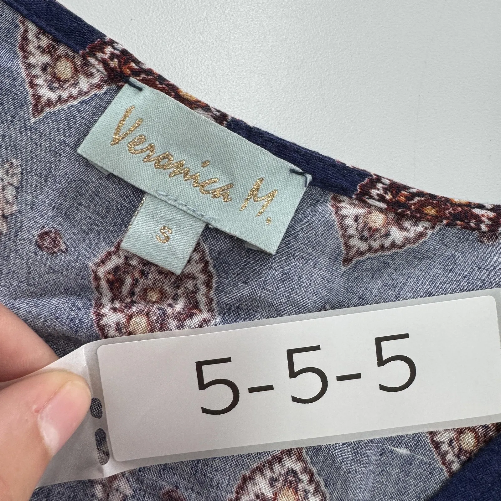 Veronica M Shirt Womens Small Blue Boho Long Sleeve Diamond Print Blouse Top - Image 3