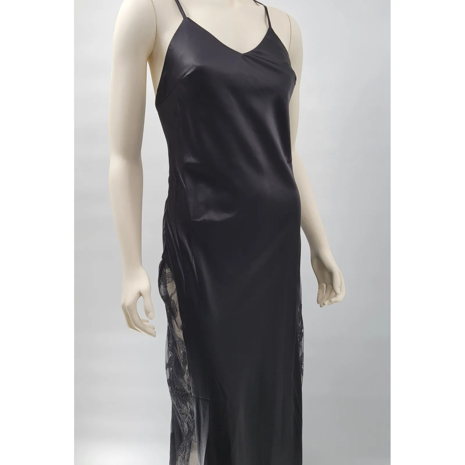HHQ Maxi Slip Dress Size M Black Satin Lace Trim Spaghetti Strap Sexy NWT Size M - Image 12