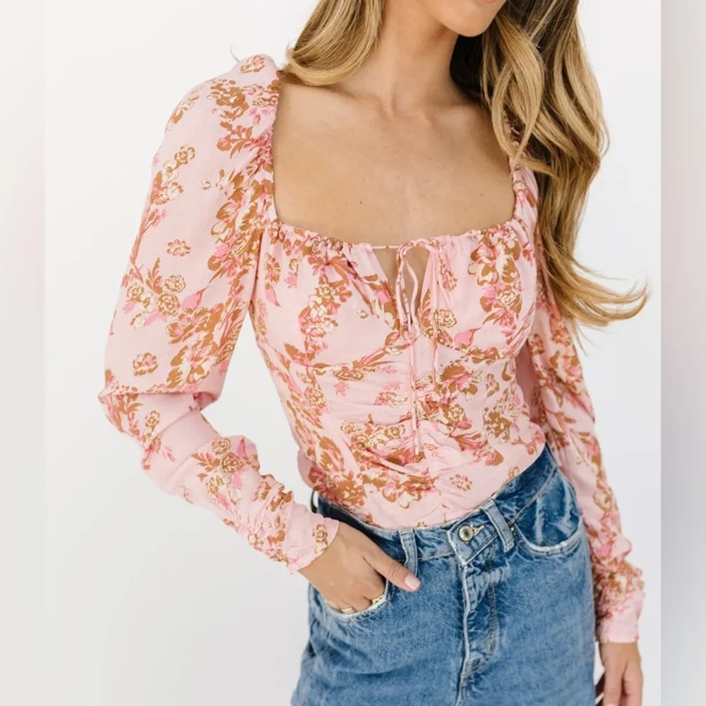 Free People floral top hillary square neck tie front long sleeve bow boho blush - Image 14