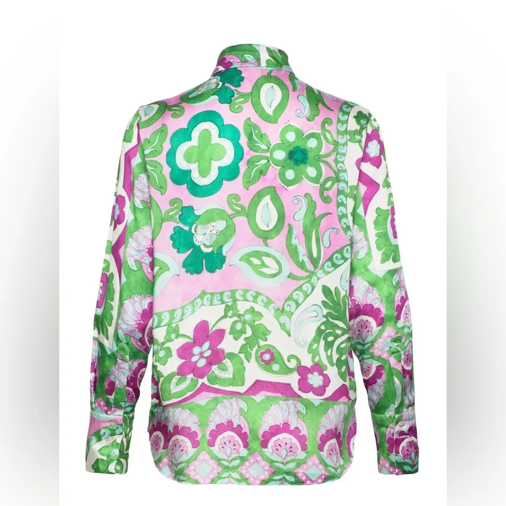 MANGO‎ Italian Fabric Floral Satin Relaxed Button Up Shirt Green Size 4 - Image 12