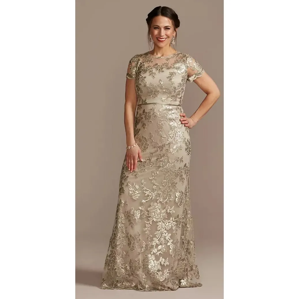 Oleg Cassini Lace Applique Cap-Sleeve Long Sheath Formal Gown in Champagne, 6 - Image 2