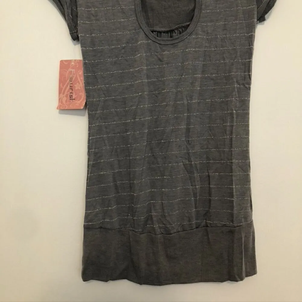 NEW NWT FLEURISH Gray Metallic Striped Sequin Short Sleeve Y2K Blouse JUNIORS S - Image 11