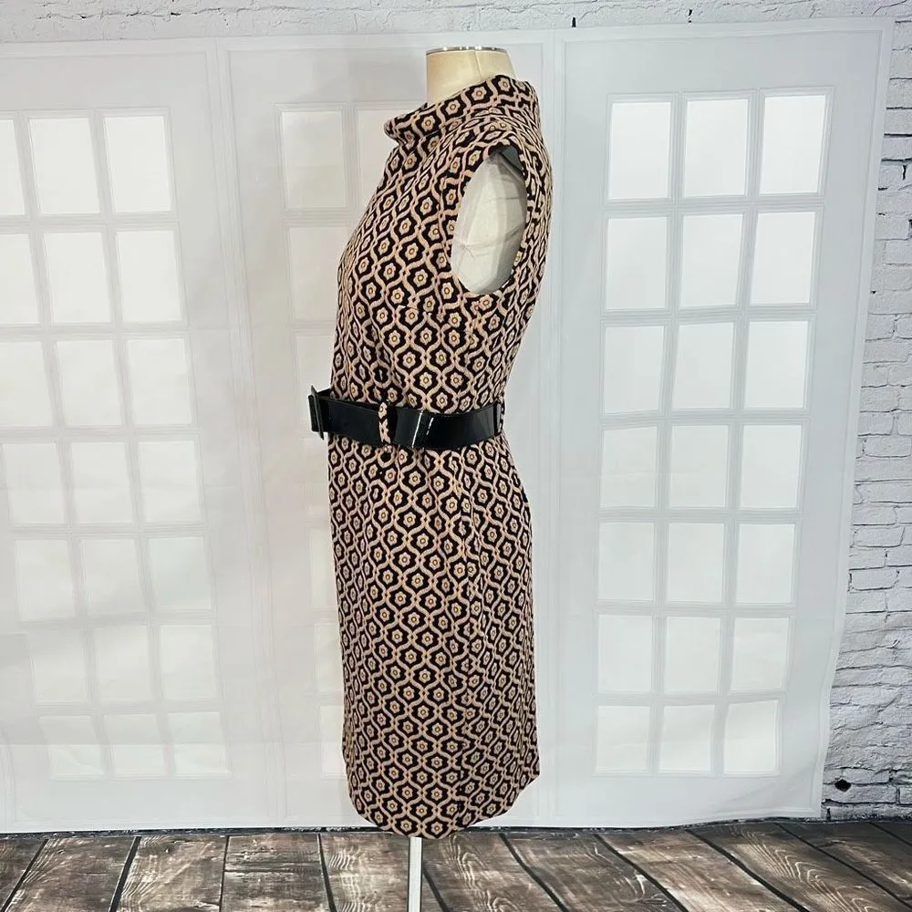 Nine West Women's Allover Print Sleeveless Roll Collar Tan Knit Sheath Dress 10 - Image 7