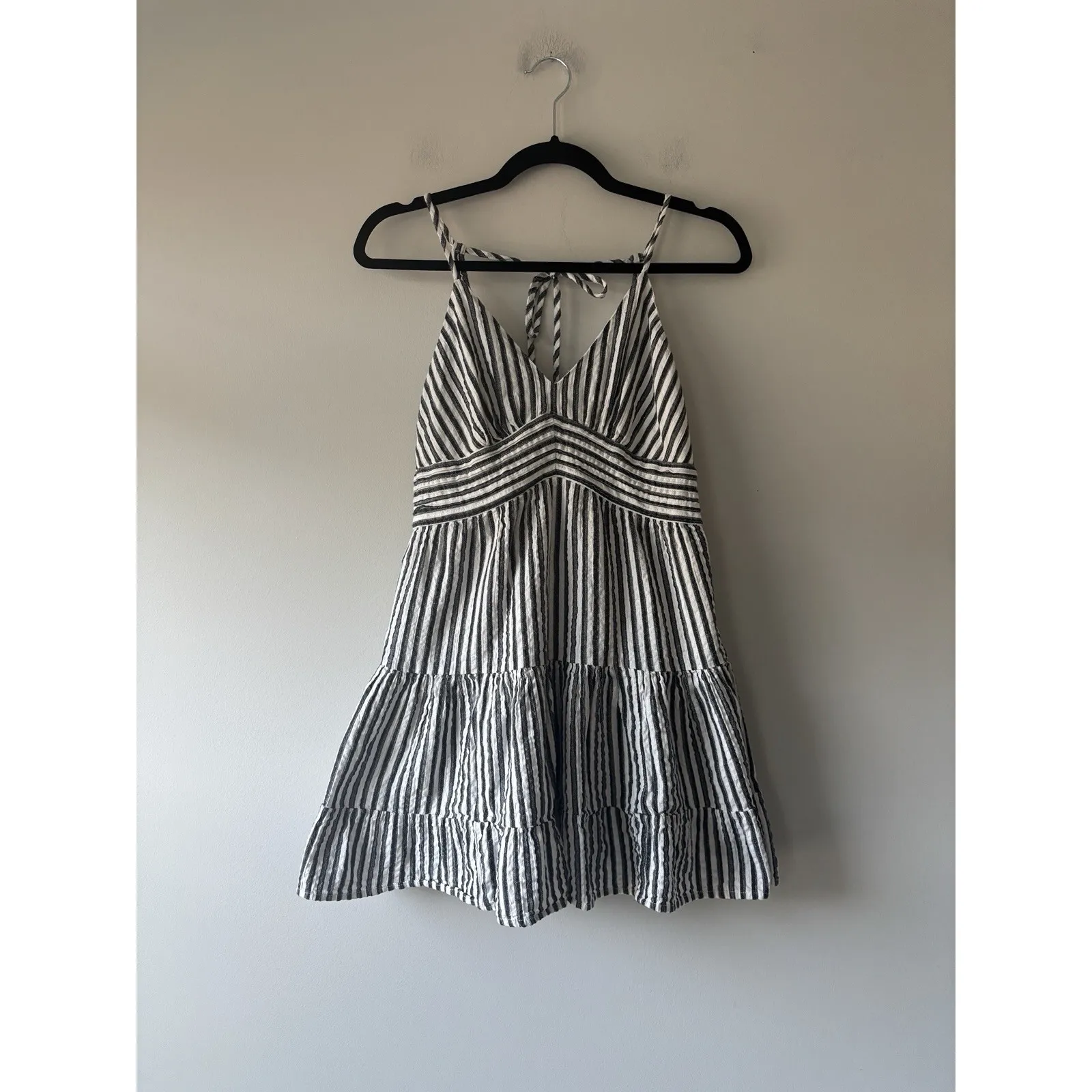 American Eagle Outfitters Striped Strappy‎ Babydoll Mini Dress Linen Size Small White - Image 6