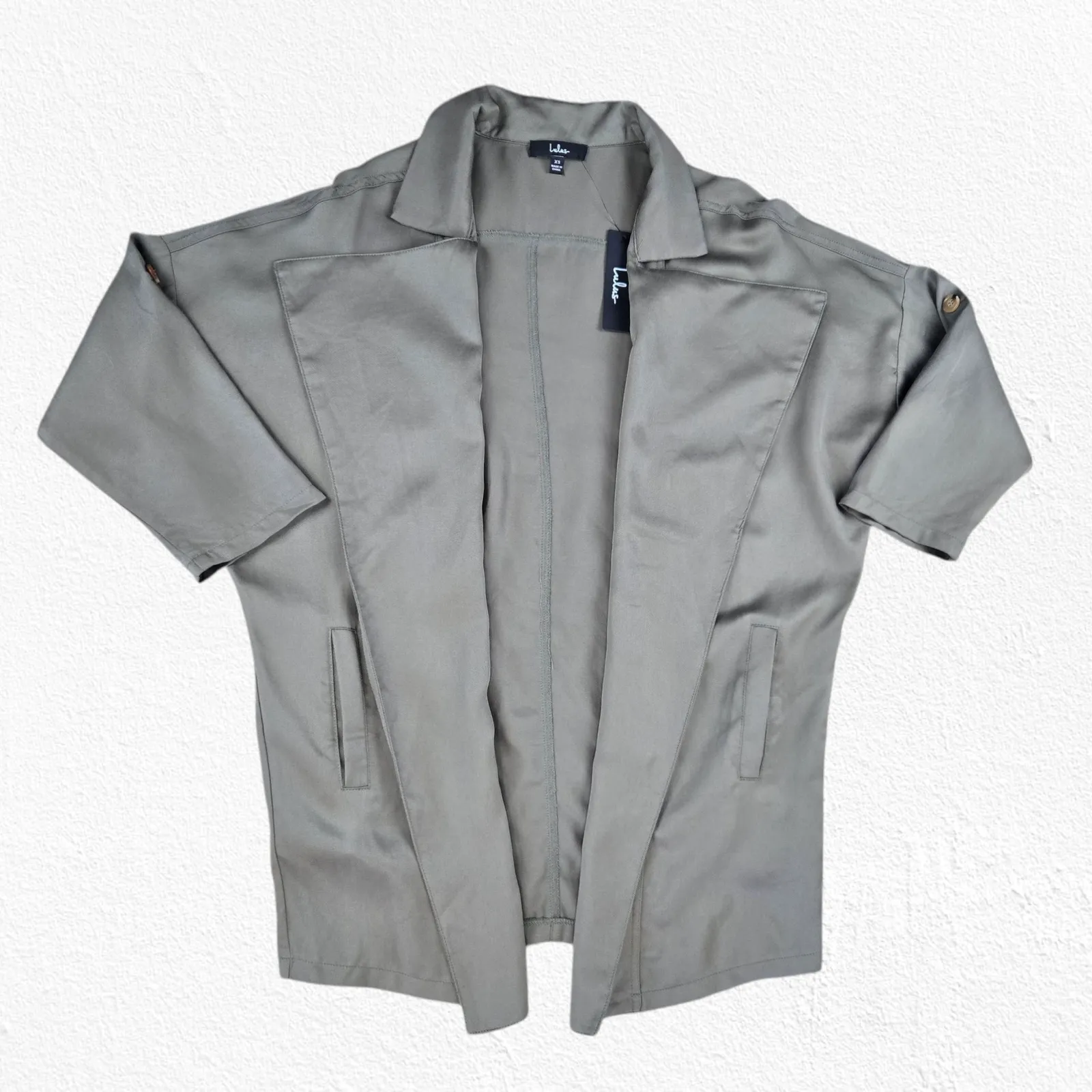 Lulus Lucky Break Olive Green Tencel Draped Open Front Utility Jacket Size XS - Image 2