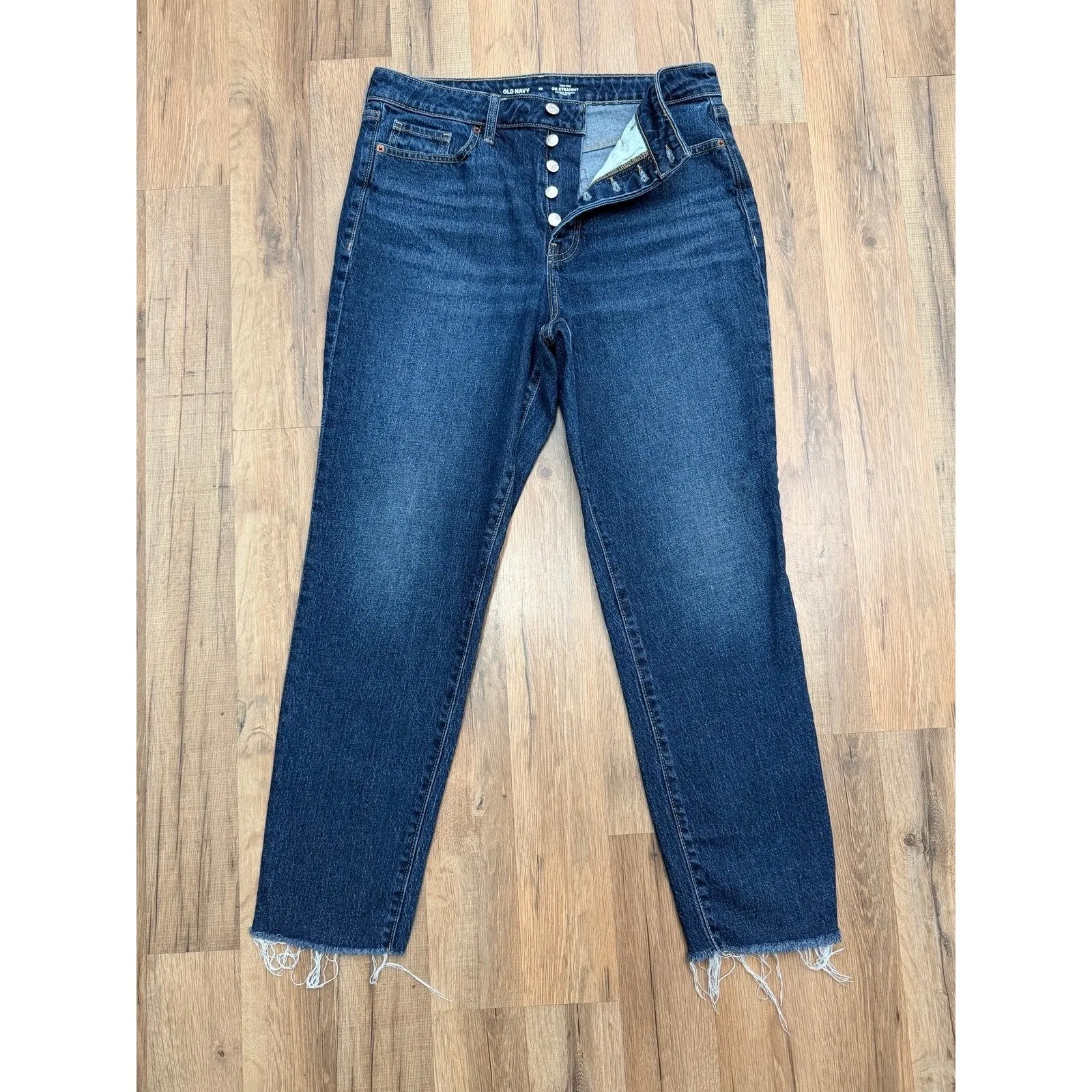 Old Navy High Rise OG Straight Jeans Dark Wash Womens Size 10 Raw Hem - Image 4