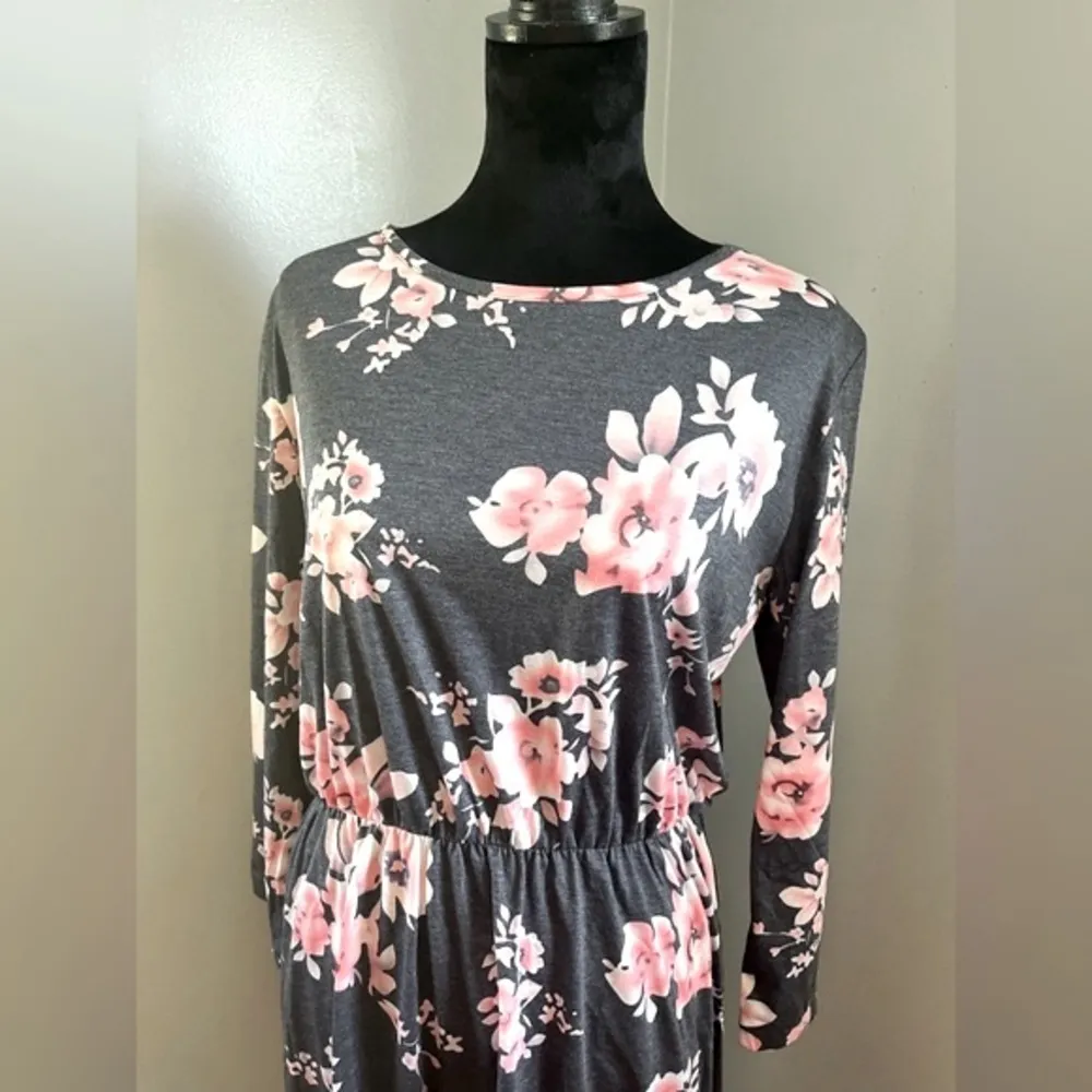 “Vintage Floral” Dress, Charcoal Gray & Pink Floral Print, Size XL - Image 2