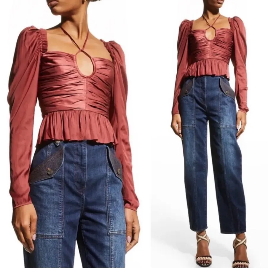 ULLA JOHNSON Ruched Halter Long Sleeve Peplum Mirelle Blouse Desert Rose size 2 - Image 2