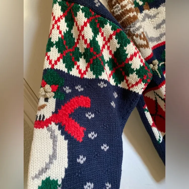 PBJ Sport Vintage Navy Ugly Christmas Ramie Blend Button Up Cardigan Sweater Blue Size L - Image 7