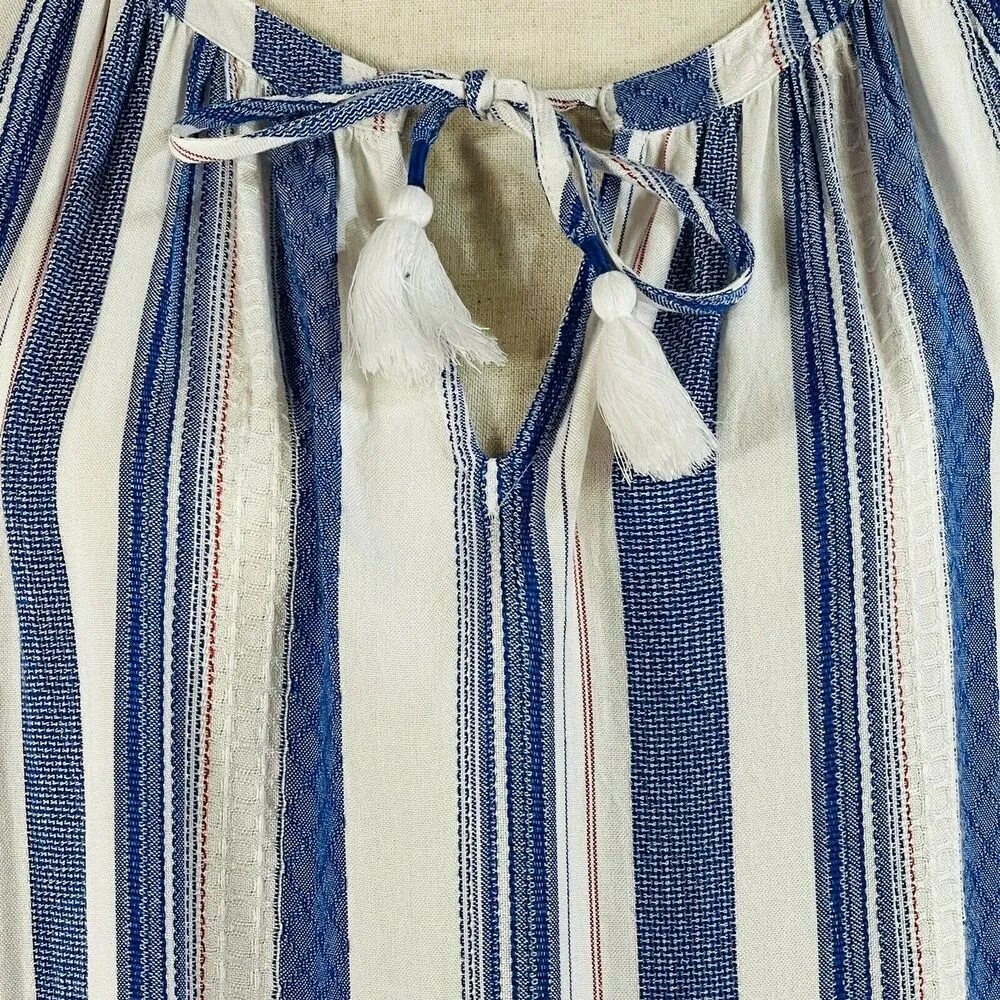 Style & Co Large Top 3/4 Puff Sleeves Tie Keyhole Neck Lightweight Striped New Blue - Image 2