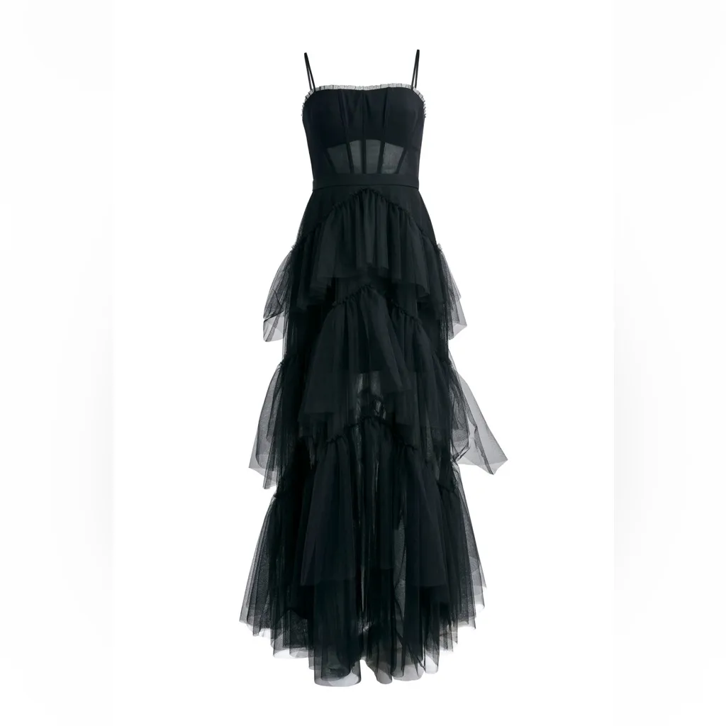 BCBGMAXAZRIA WOMEN SIZE 2 SHEER OLY TIERED RUFFLE TULLE EVENING GOWN Black - Image 4
