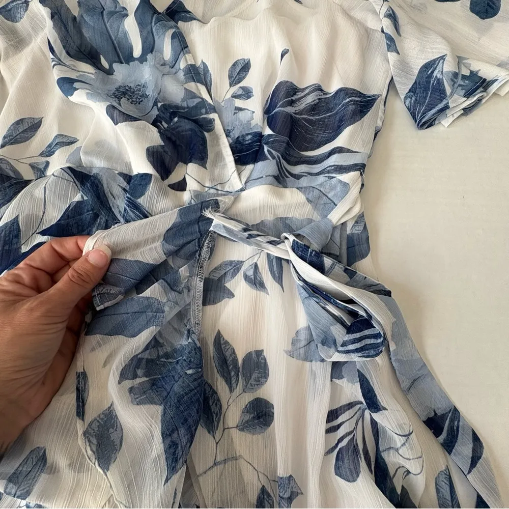 chiffon hi low ruffle dress built in liner white blue floral size 4 - Image 14