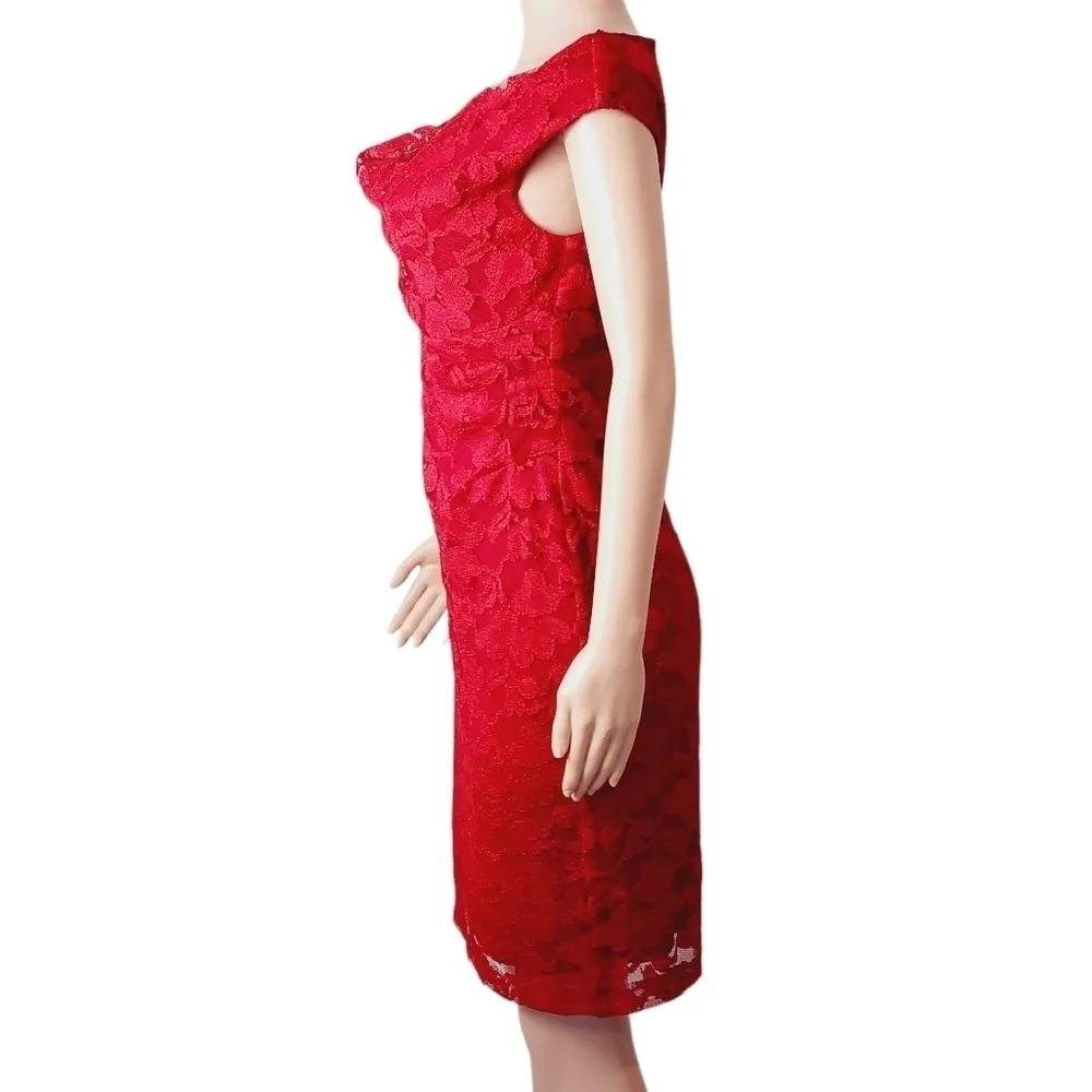 CONNECTED Apperal Red Sheath Lace Cocktail Dress Ruched Waist Sz: 8 - Image 6