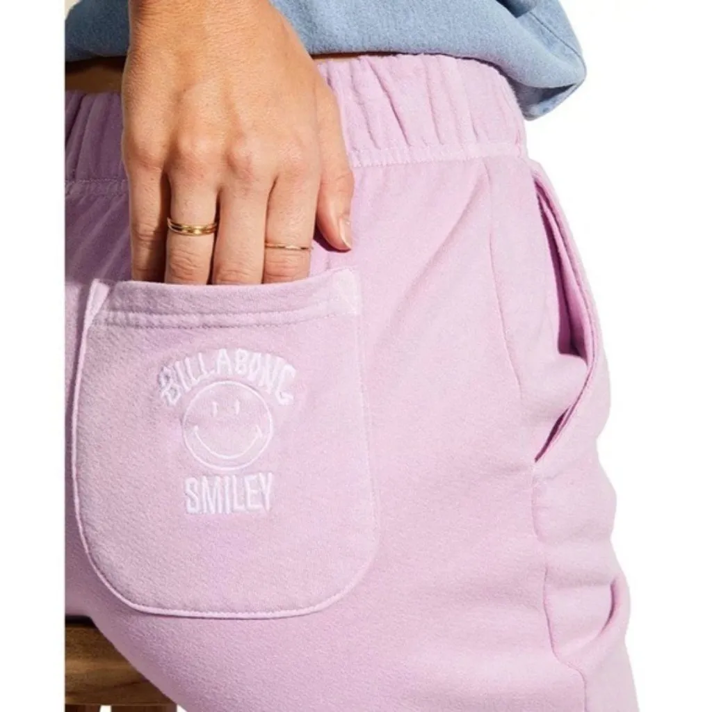 Billabong x SMILEY Happy Saturday Sweatpants XS Pink Track Jogger Fleece Tapered - Image 3