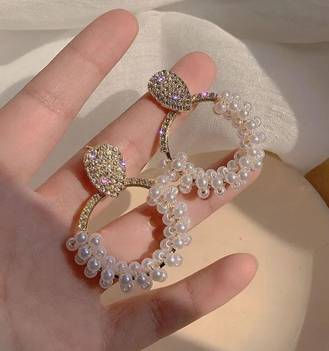 Women's Pearl Rhinestone Dangle Drop Hoop Earrings Gold - Image 2