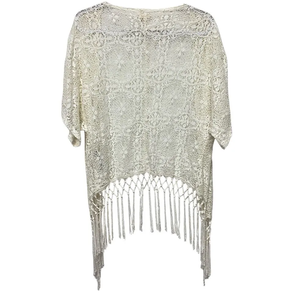 Hollister Women Small Lace Open Cardigan Ivory White Fringe Boho Fairy Beachy - Image 2
