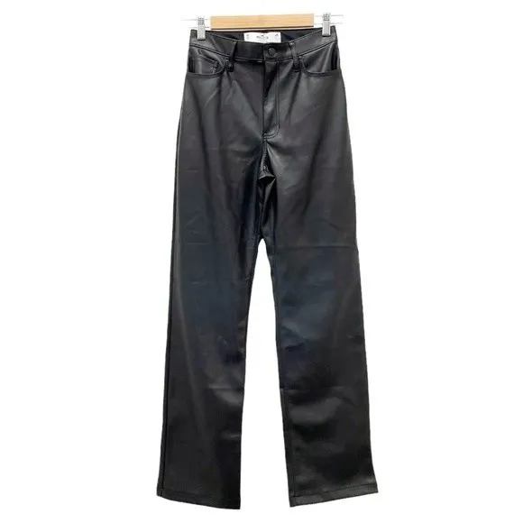 Hollister Black Faux Leather 90s Relaxed High Rise Straight Leg Pants Size 25 - Image 2