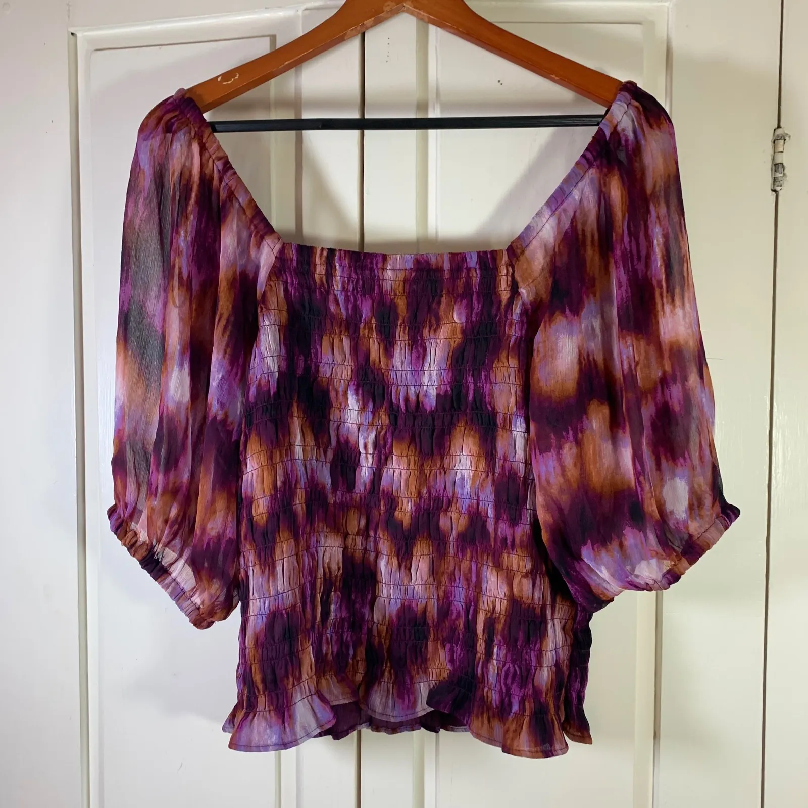 Old Navy Womens XL Purple Smocked Sheer Tie Dye Puff Sleeve Square‎ Neck Top - Image 4