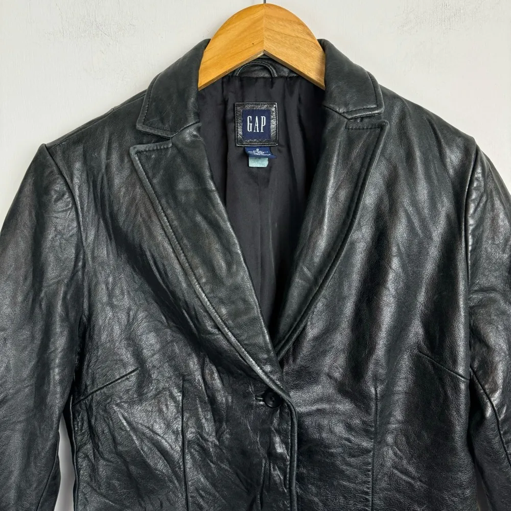 Vtg 90s y2k GAP Black Leather Jacket Womens Sz Small Double Button Collar - Image 3
