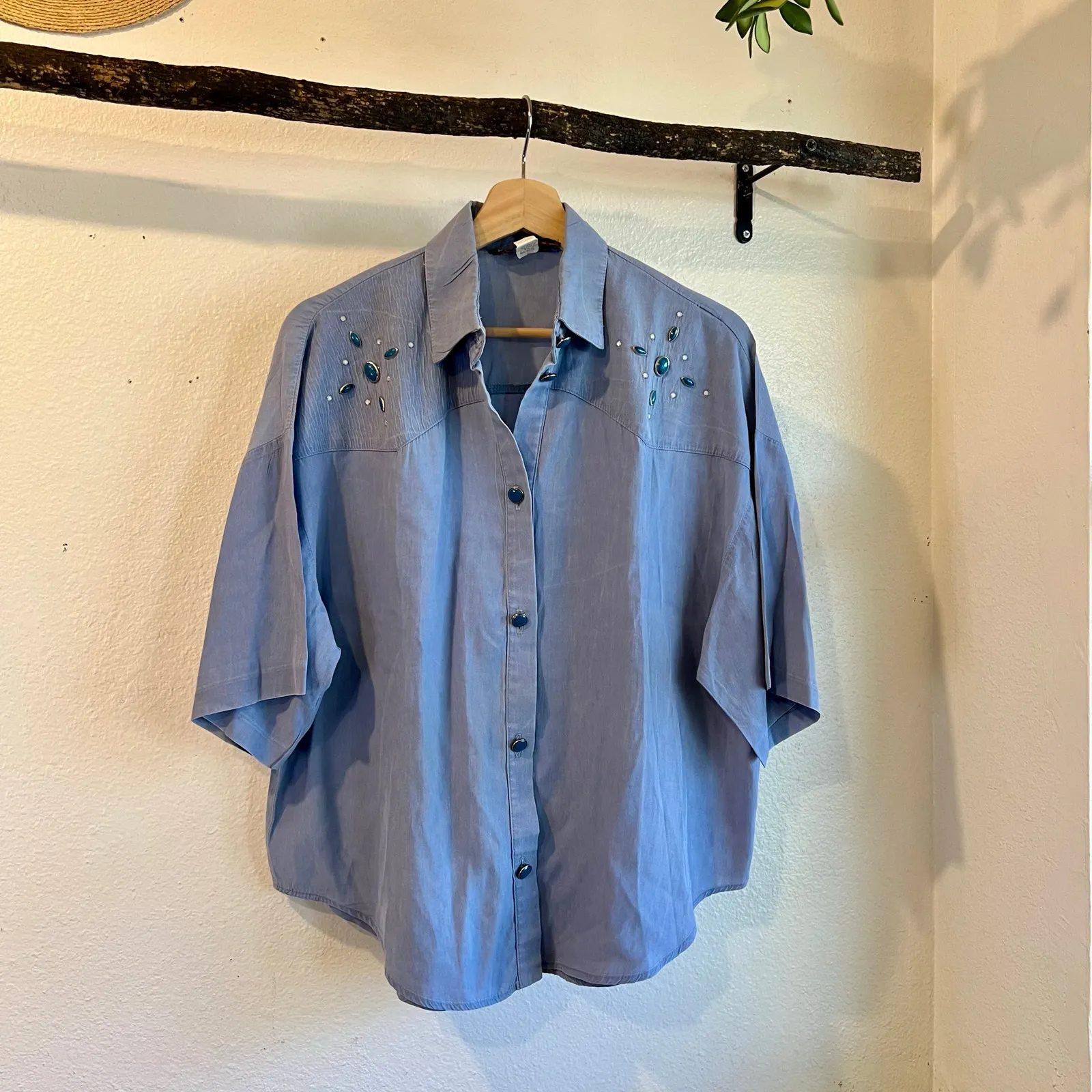 Vintage USA Western Turquoise Stone Button Front Short Sleeve Shirt Size Small Blue - Image 11