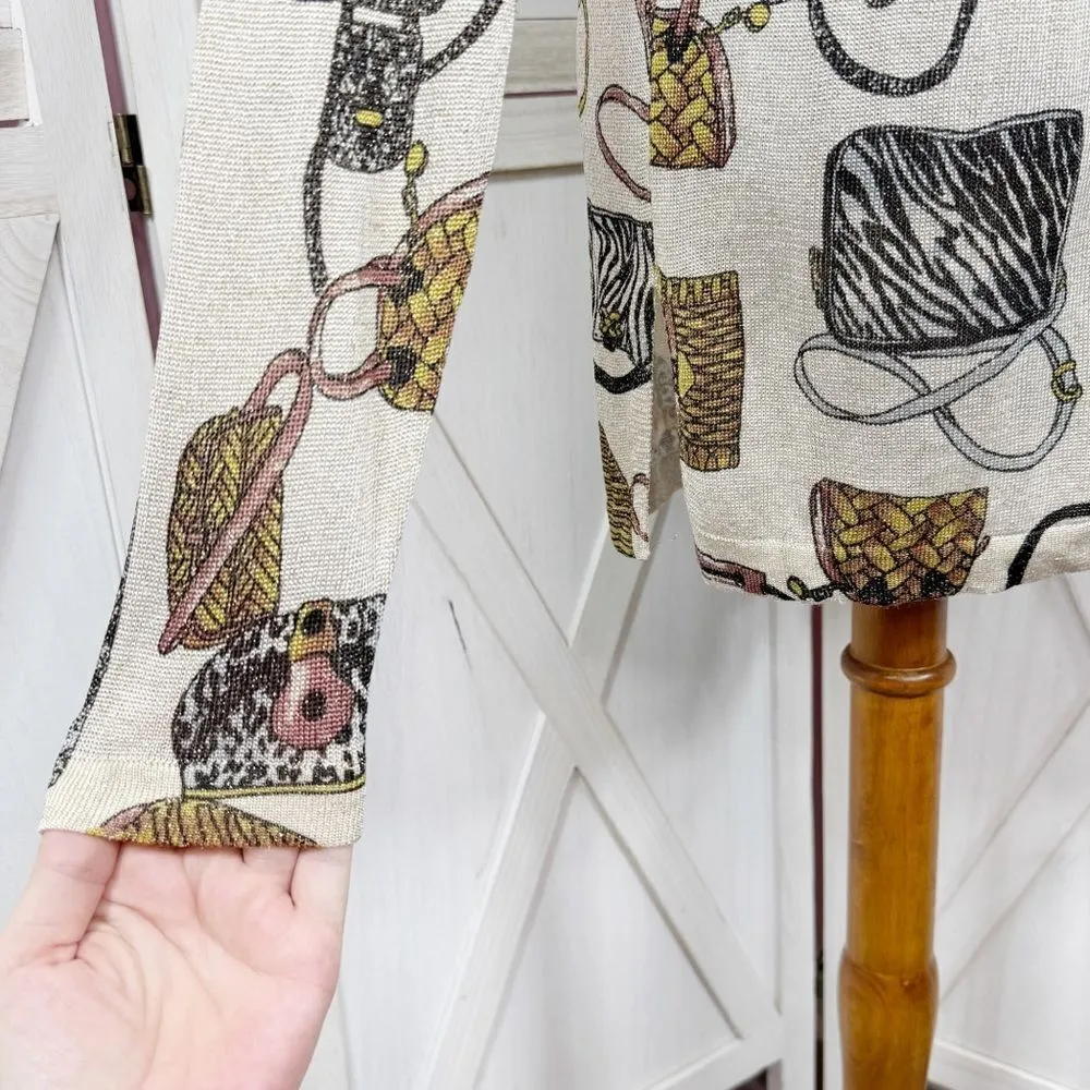 XXist Shimmer Purses Print Button Up Cardigan Sweater Gold Tan Multi Large - Image 8